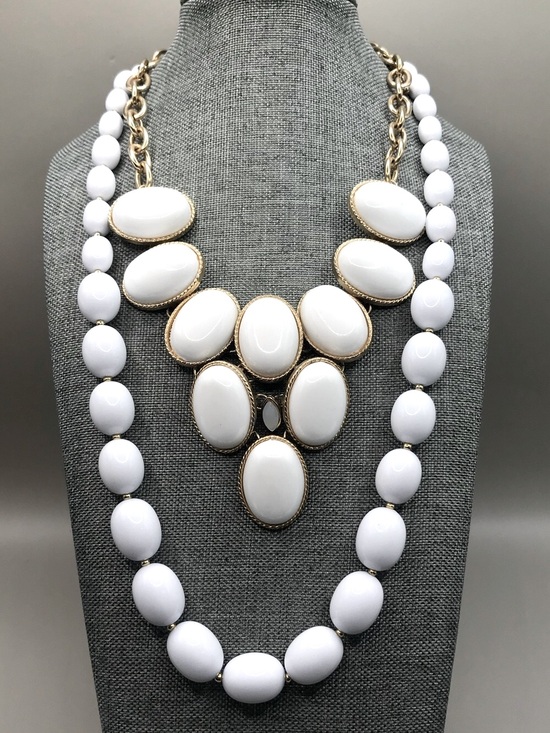 Unsigned Jewelry - 2 White and Gold-Tone Layering Statement Necklaces